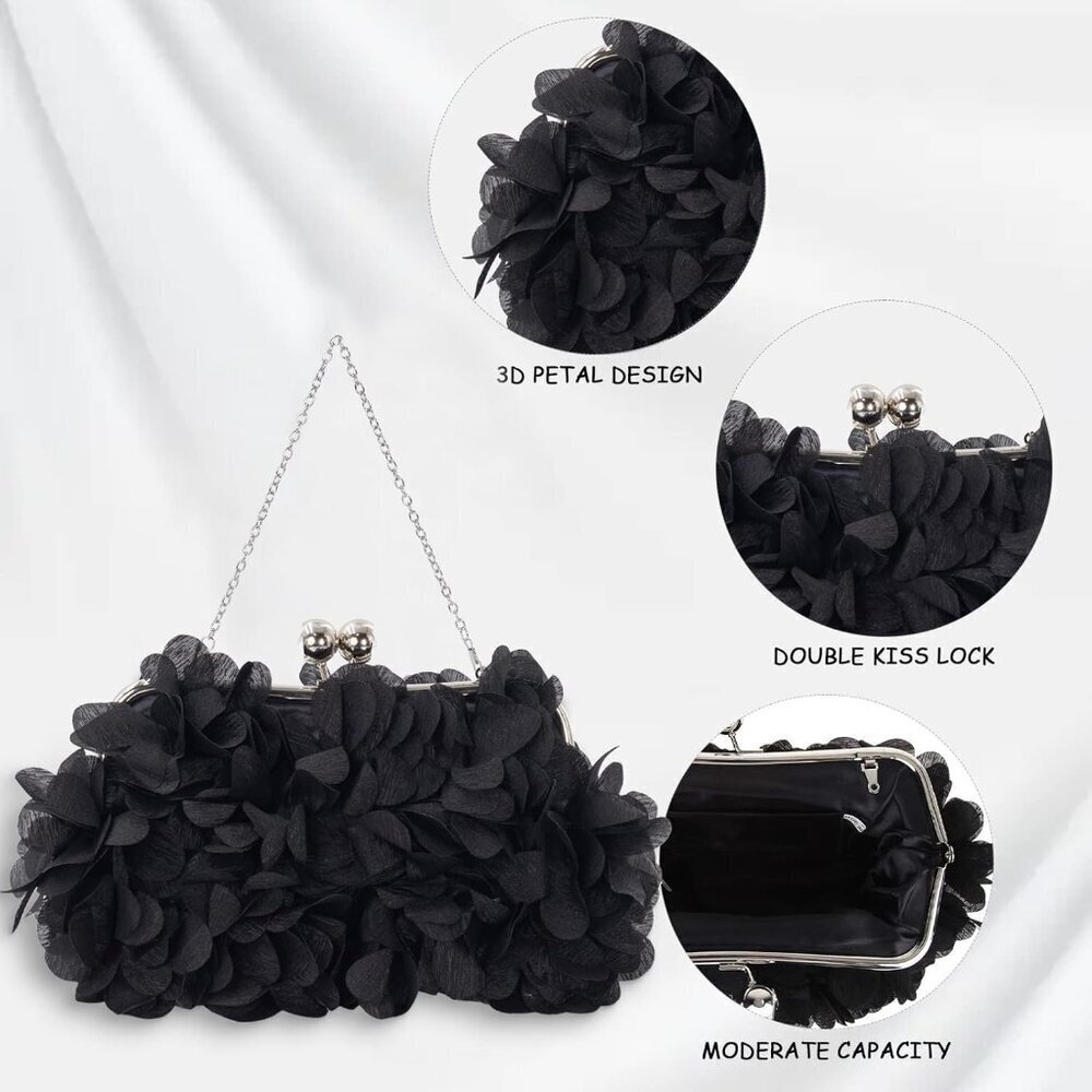 Women Elegant Satin Clutch Bag with Detachable Chain Small Floral Evening Purse - Picture 4 of 7